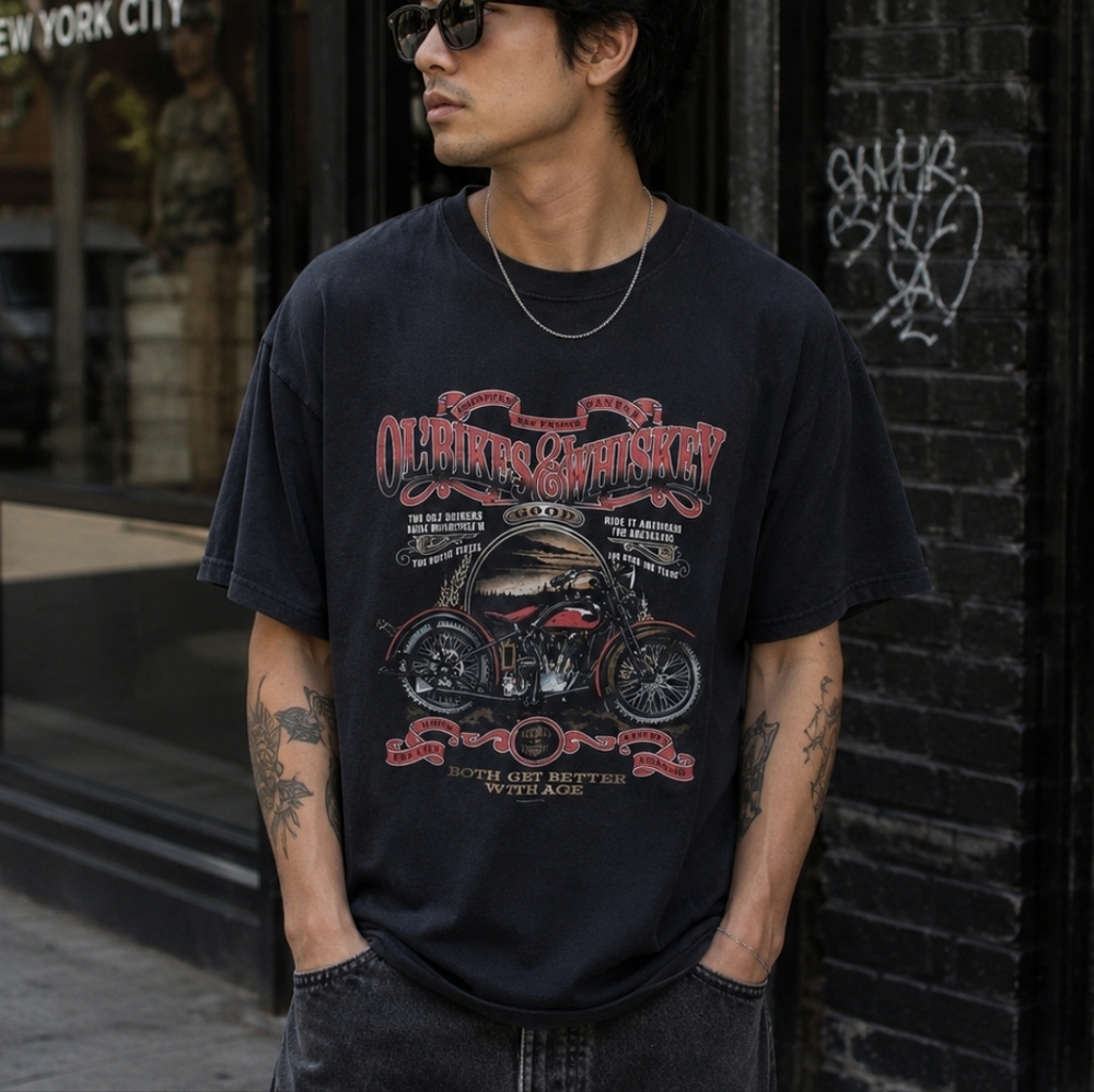 Vintage Anvil Motorcycle Graphic Tee Men’s XL Black Biker T-Shirt Cotton Shirt